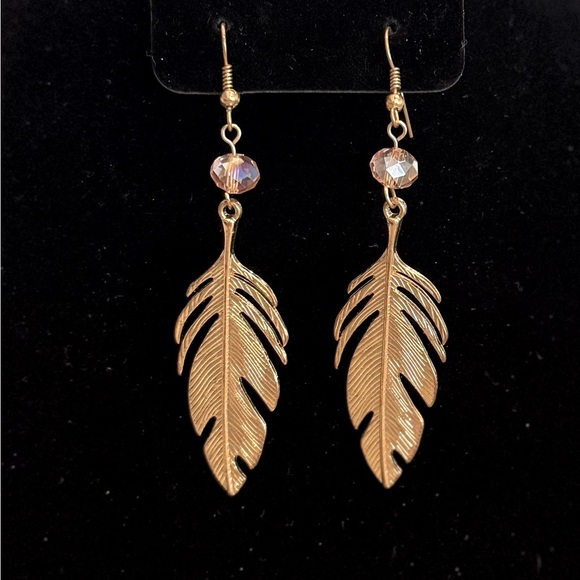 Gold Feather Drop Earrings with Pink Bead – Boho Chic Dangle Jewelry - Picture 2 of 2